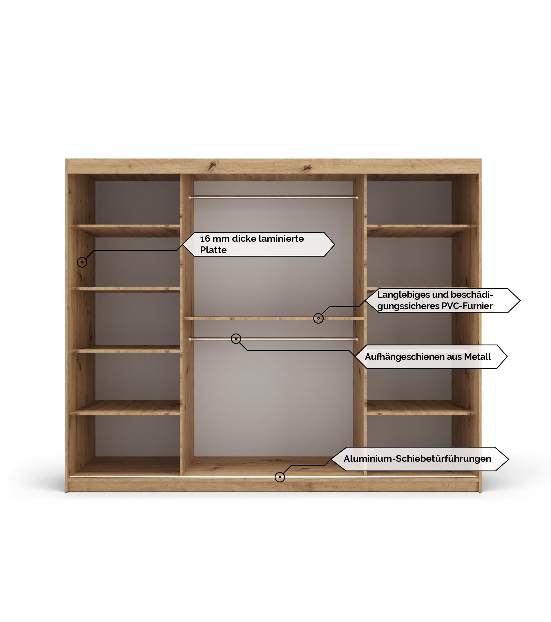 MEBLE KRYSPOL Kleiderschrank mit Spiegel Verona 2 - Garderobenschrank - Schrank Schlafzimmer - Mehrzweckschrank DREI Schiebetüren - Regalen - Flur Möbel - Kleiderstange Schrank - Allzweckschrank