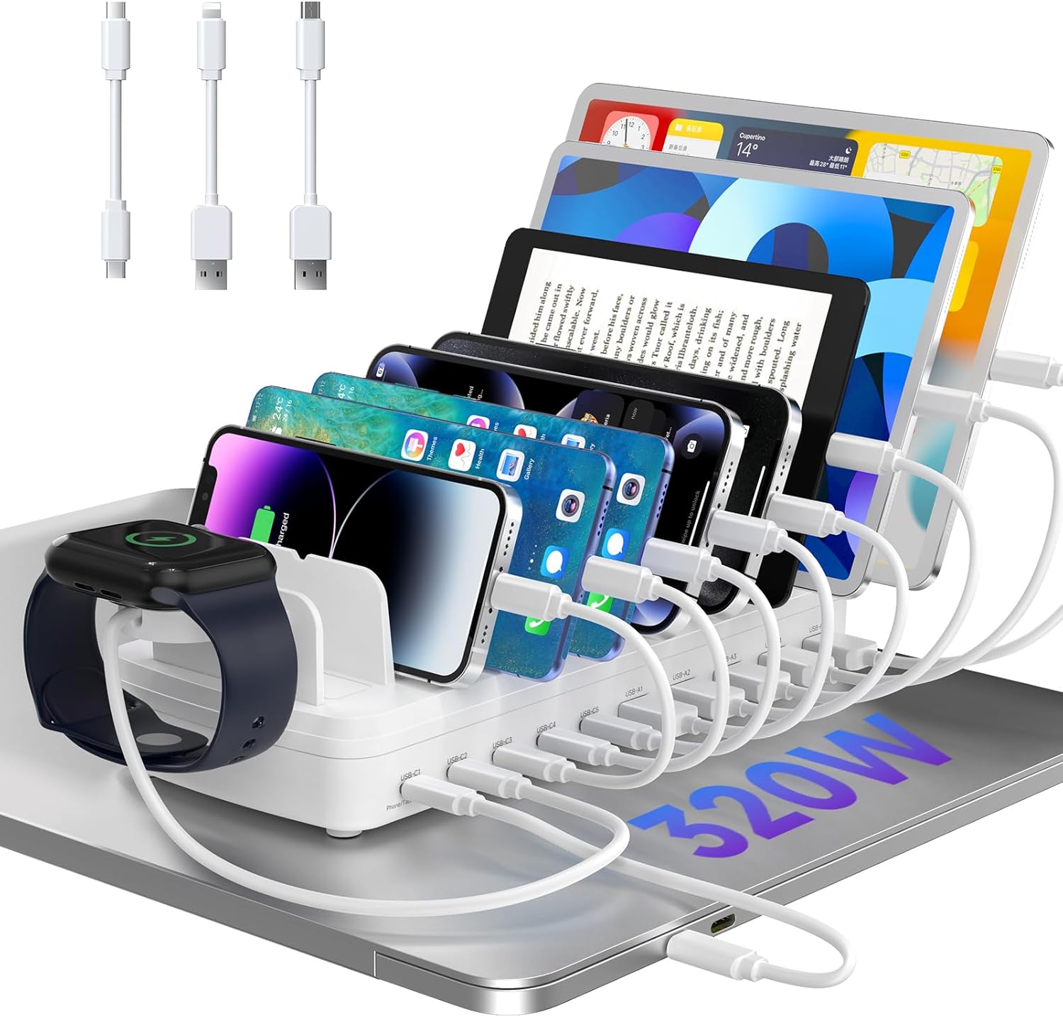 MERGROLY 320W 10-Port Charging Station: 5 USB-C PD (2x65W+3x30W) + 5 USB-A Fast Charger Dock for MacBook, iPhone, iPad, Tablets, Family Organizer