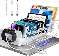 MERGROLY 320W 10-Port Charging Station: 5 USB-C PD (2x65W+3x30W) + 5 USB-A Fast Charger Dock for MacBook, iPhone, iPad, Tablets, Family Organizer