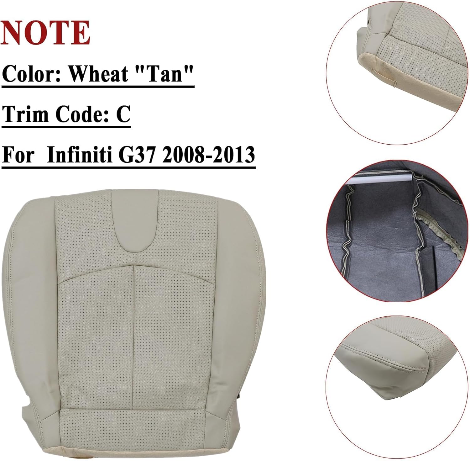 NLQR Front Driver Side Bottom Replacement Seat Cover Wheat Tan Microfiber Leather Compatible with Infiniti G37 2008 2009 2010 2012 2013