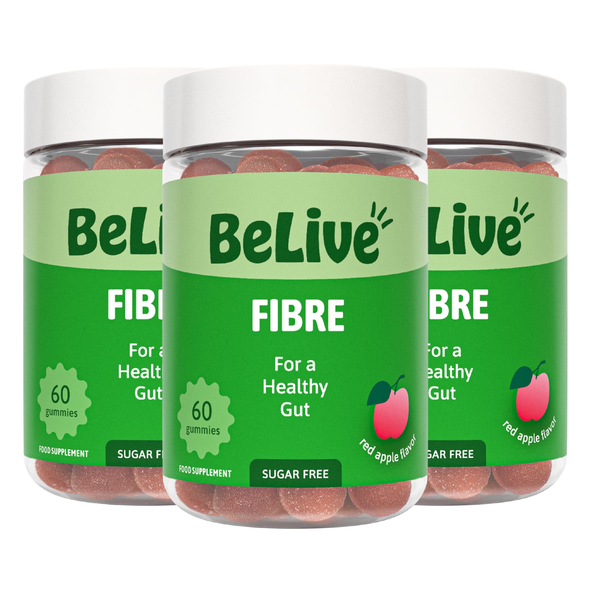BeLive Fiber Gummies - Prebiotic Fiber Supplement with Chicory Root & Inulin for Digestive Support & Overall Gut Health I Vegan, Sugar Free Gummies for Adults & Children - Apple Flavor | 3-Pack
