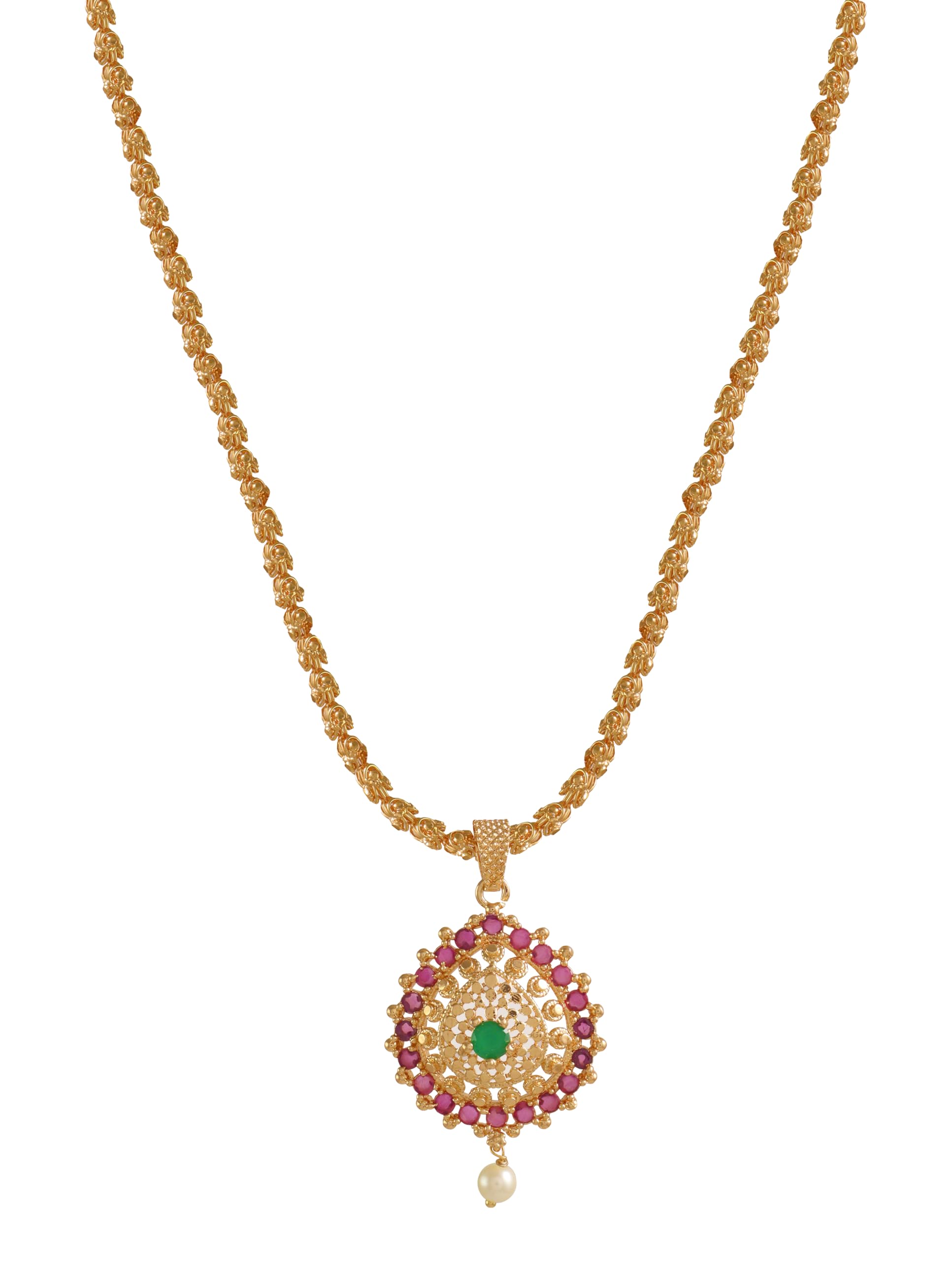 One Gram Micro Gold Plated Handcrafted Stone Dollar Pendant Long Chain for Women & Girls (24 inch) (DC-1164)