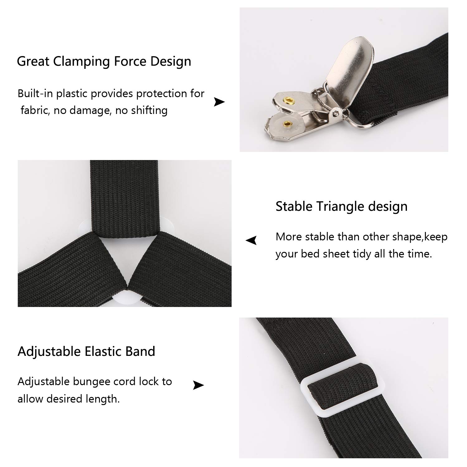 WADEO Clip Forti 8 Pezzi per Lenzuola, Blocca Lenzuola Angoli con Bretelle Regolabili, Fermalenzuolo Matrimoniale, Ganci per Lenzuola con Angoli, Adatto Tutti i Materassi (Nero - 8 Pezzi)