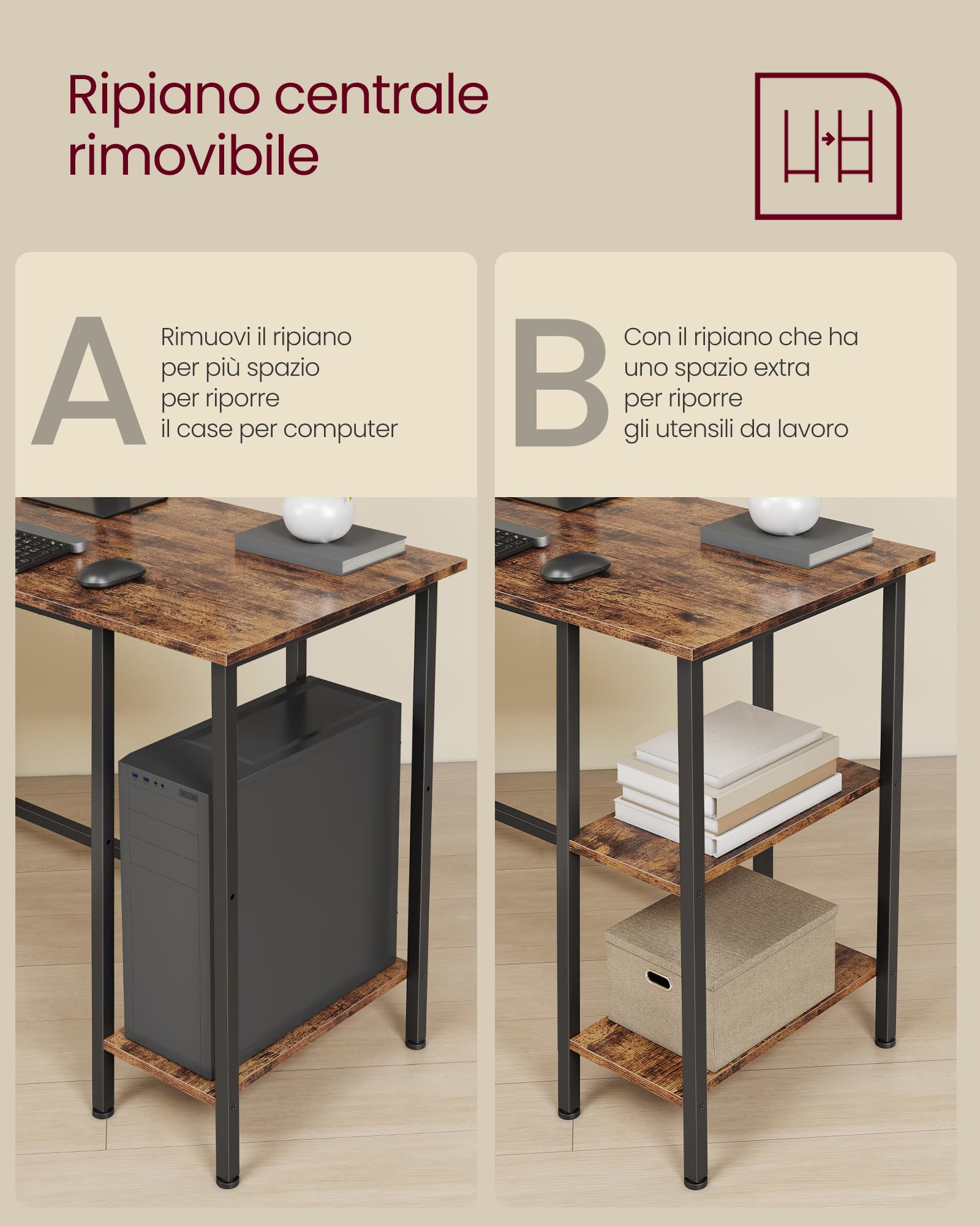 VASAGLE Scrivania per Computer a Forma di L, 130 x 130 x 76 cm, Scrivania ad Angolo con 2 Ripiani, per Ufficio Studio, Marrone Vintage e Nero Inchiostro LWD123K01V1