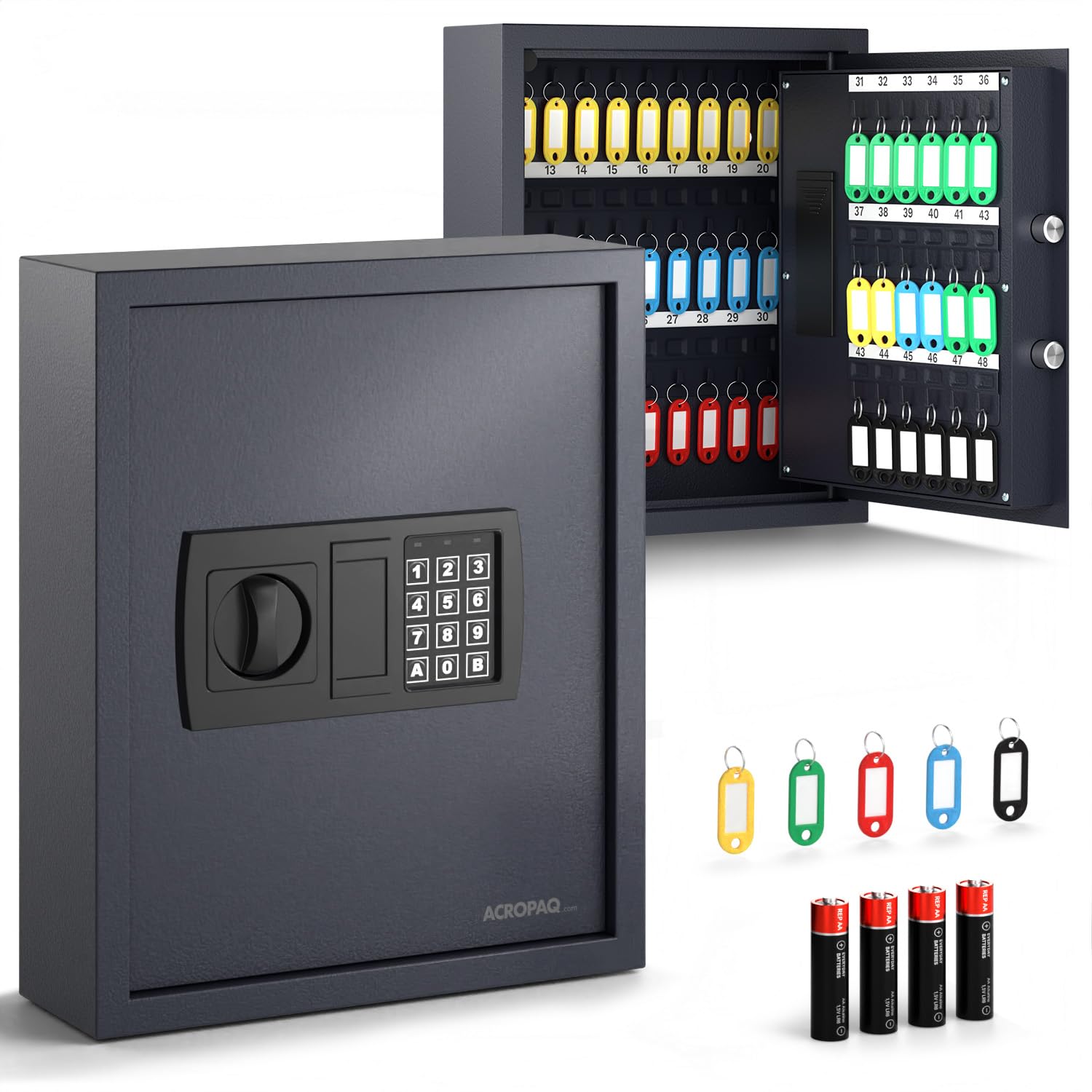 Acropaq Key safe wall mounted - For up to 48 keys, 48 key fobs included, Secure key cabinet for key storage - Key safe outdoor, Key safe outside