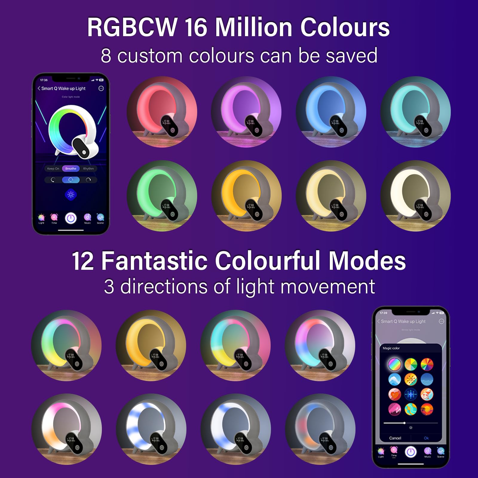 Sunrise Sveglia con luce sveglia – Smart Lights Sound Machine con controllo app, Bluetooth, ora, temperatura, visualizzazione della data, musica sonno atmosfera lampada