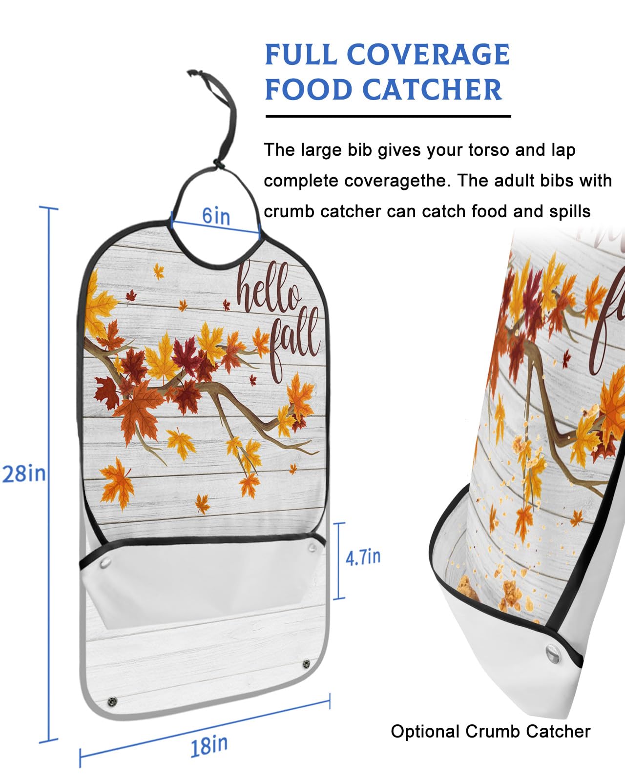 LEOKOTI Hello Fall Adult Bibs for Eating, Waterproof Bibs with Food Catcher & Adjustable Snap Closure, Fallen Leaves Farmhouse White Wood Washable Clothing Protectors Adult Bibs for Elderly Women/Men