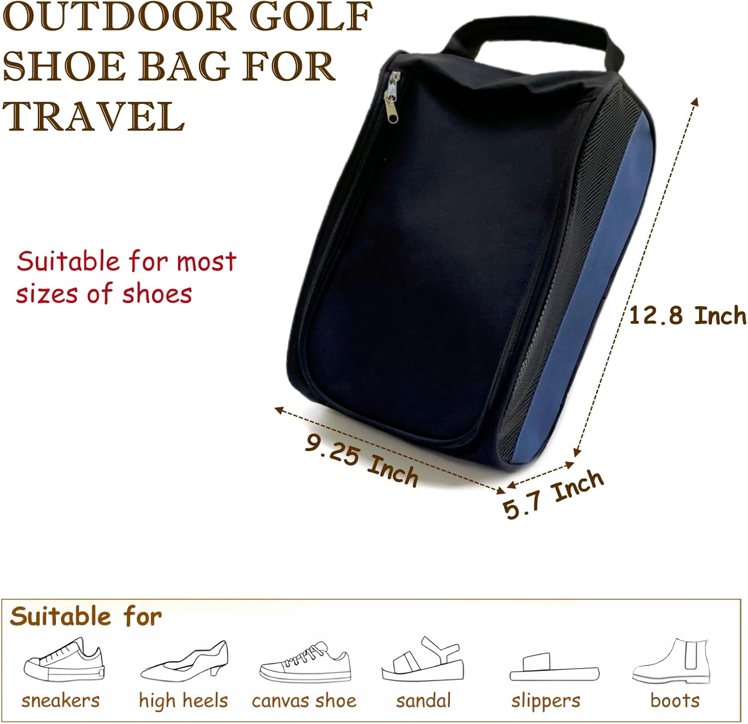 Golf Shoe Bag for Men Women, Mesh Travel Bag for Shoes, Water Proof Ventilation Shoe Bags for Gym, Outdoor Shoes Carrier with Zippered and Handle (Black/Blue-1 Pack) - Image 3