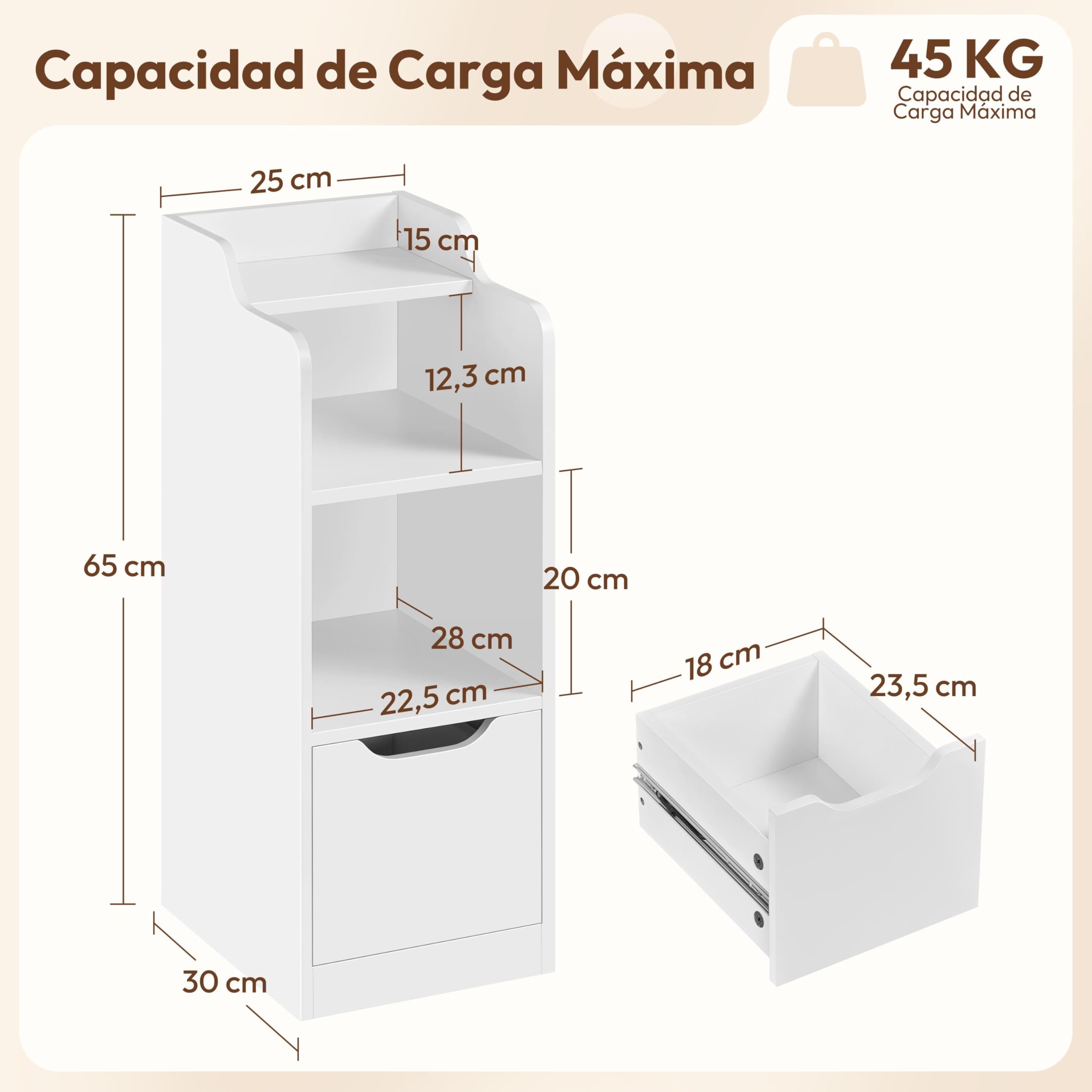 Yaheetech Mesita de Noche Estrecha, Mesa Auxiliar, Espacio de Almacenamiento de 3 Niveles con 1 Cajón, Mesilla Auxiliar para Dormitorio, Salón, Espacios Reducidos, 25 x 30 x 65 cm