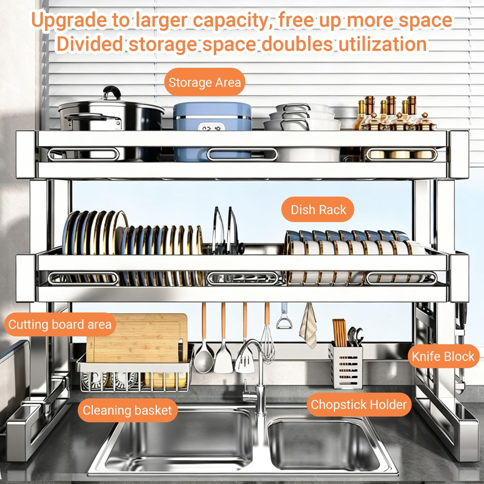 Escurridor de platos de acero inoxidable, organizador de vajilla de cocina de acero inoxidable, almacenamiento que ahorra espacio para platos, cuencos, vasos, cubiertos, solución de organización de