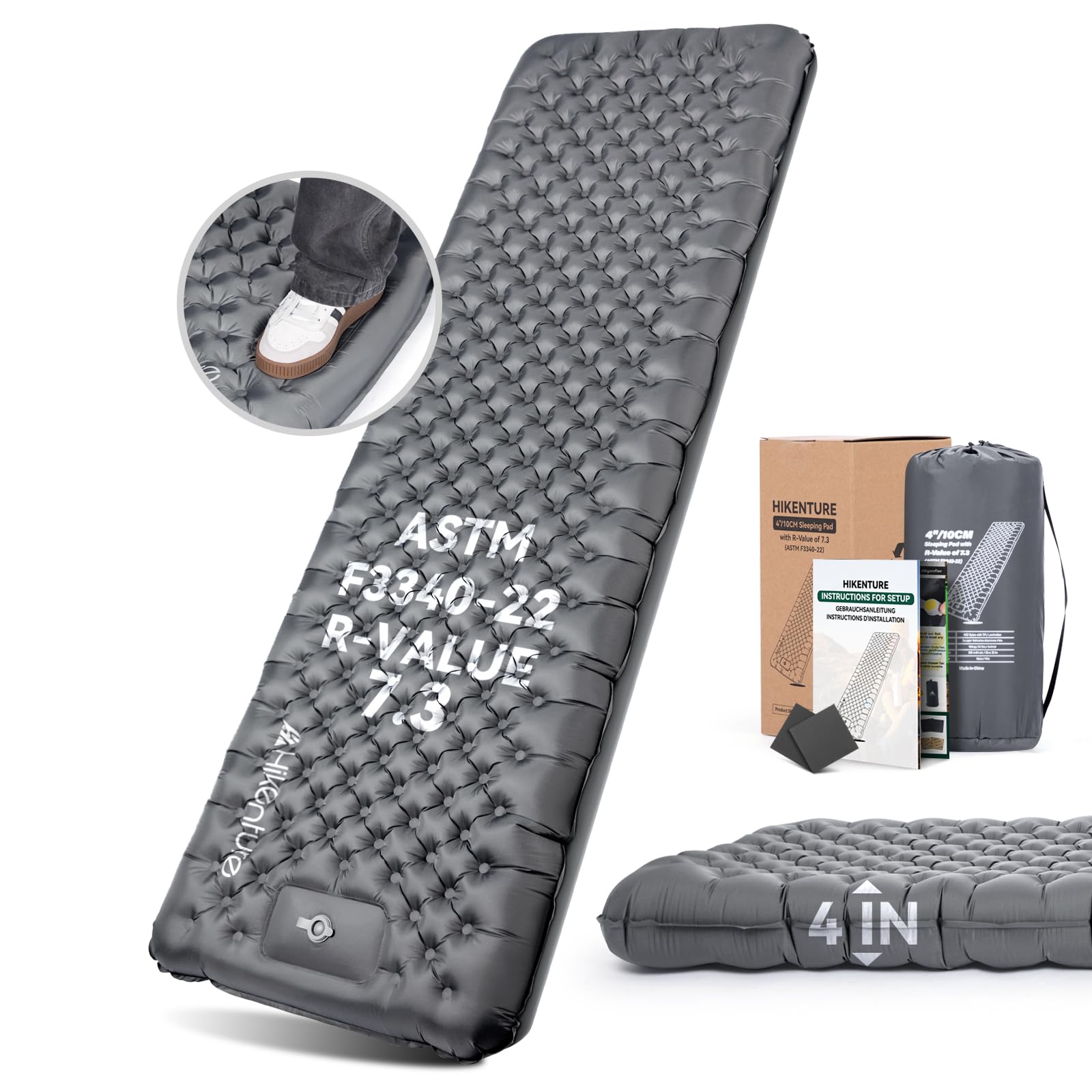 HIKENTURE 7.3 R-Value insulated Sleeping Pad, 10cm Thick XL Camping Mattress with Foot Pump, Ultralight Inflatable Sleeping Mat for 4 Seasons, Camping Mat for Backpacking, Hiking(193Lx64W,Grey)
