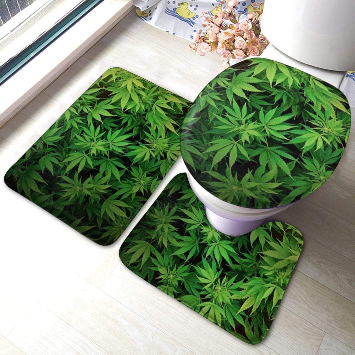 RedBeans - Juego de alfombrillas de baño antideslizantes de franela de 3 piezas, hoja de cannabis verde marihuana con pedestal suave antideslizante para ducha, alfombra de baño