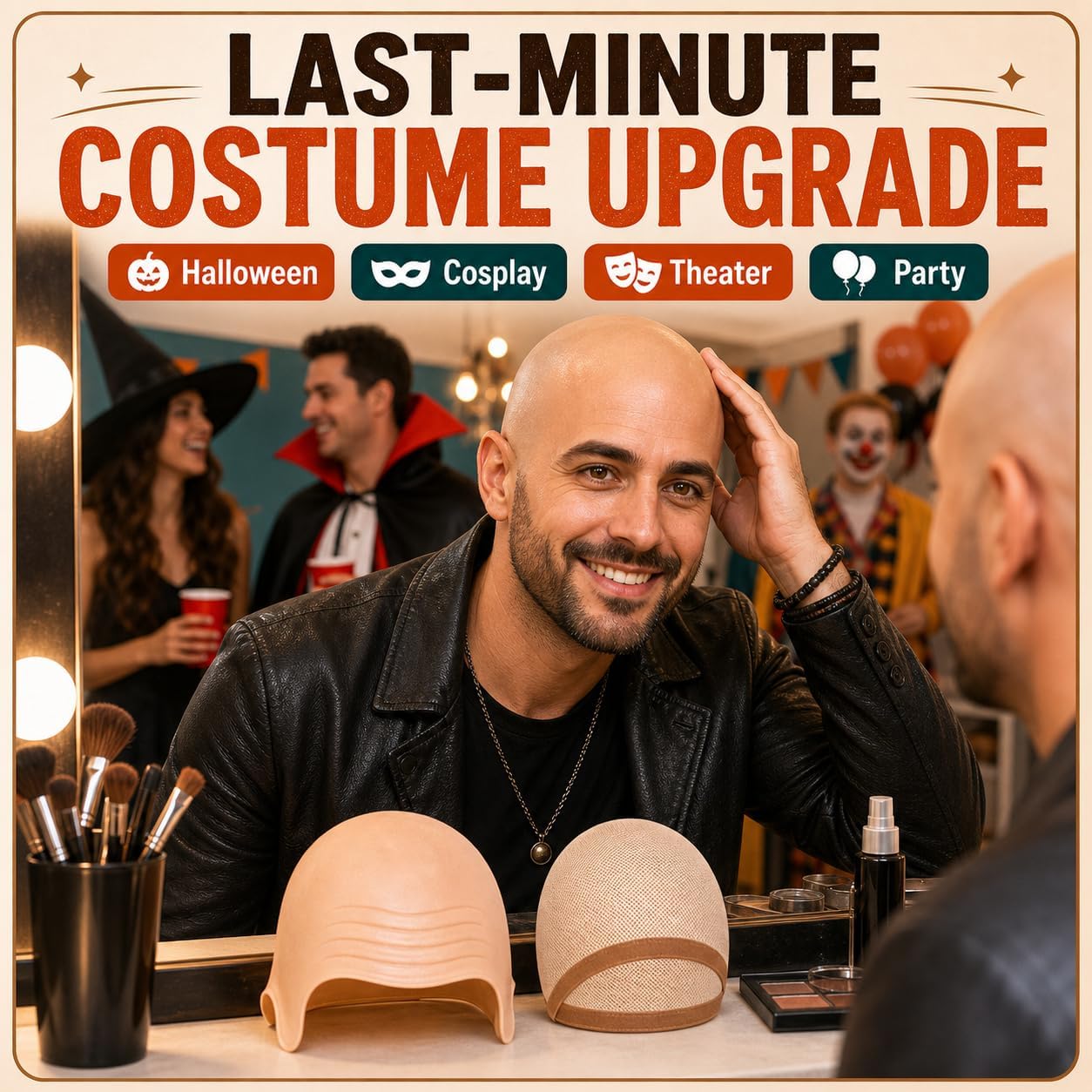 Bald Cap Costume Set with Wig Cap, Latex Bald Head Cap for Quick Bald Look Costume, Nude Bald Caps for Adults Men Women
