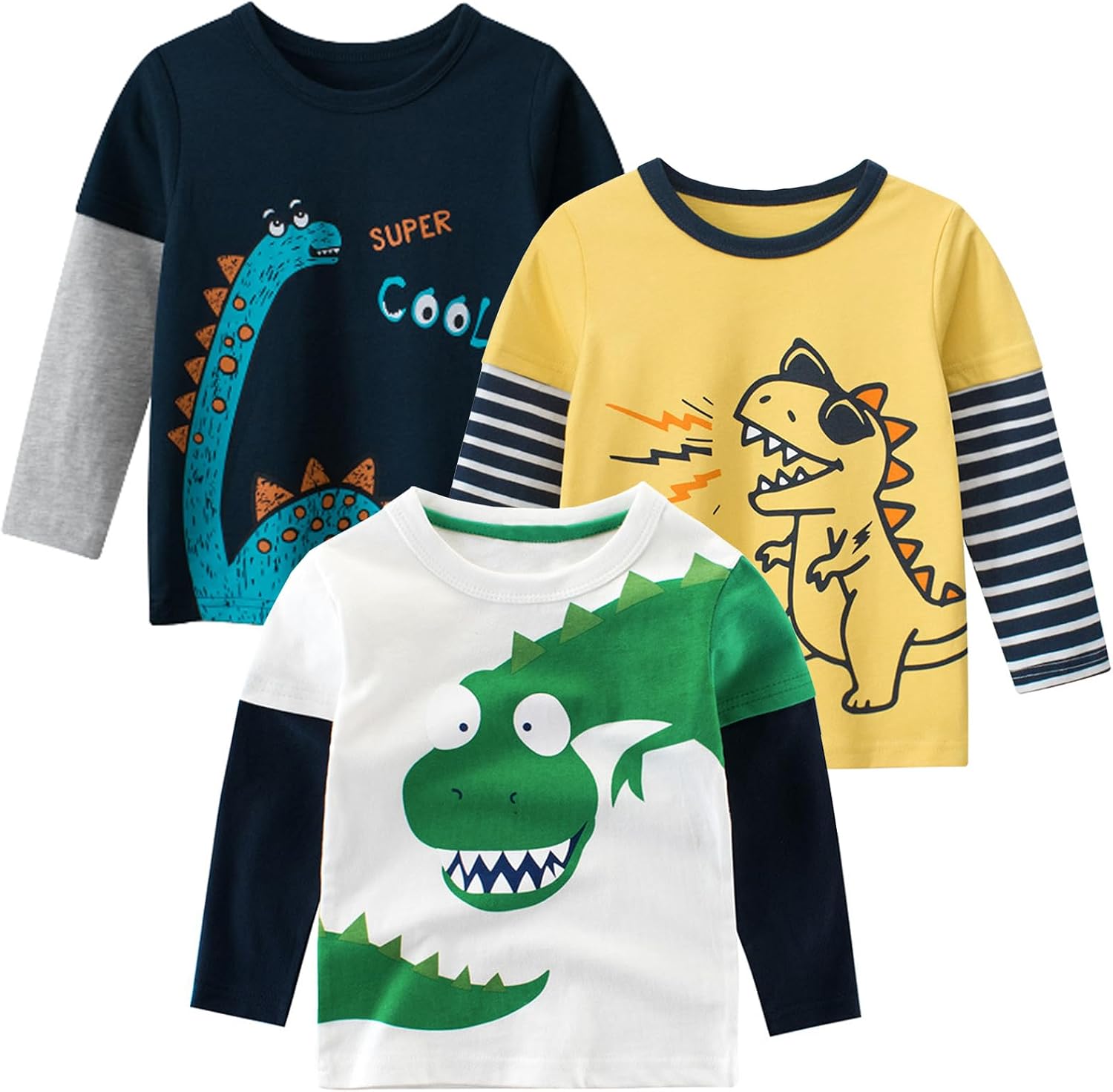 Toddler Boys Long Sleeve Shirts Cotton T-Rex Dinosaur T-Shirts Multipacks