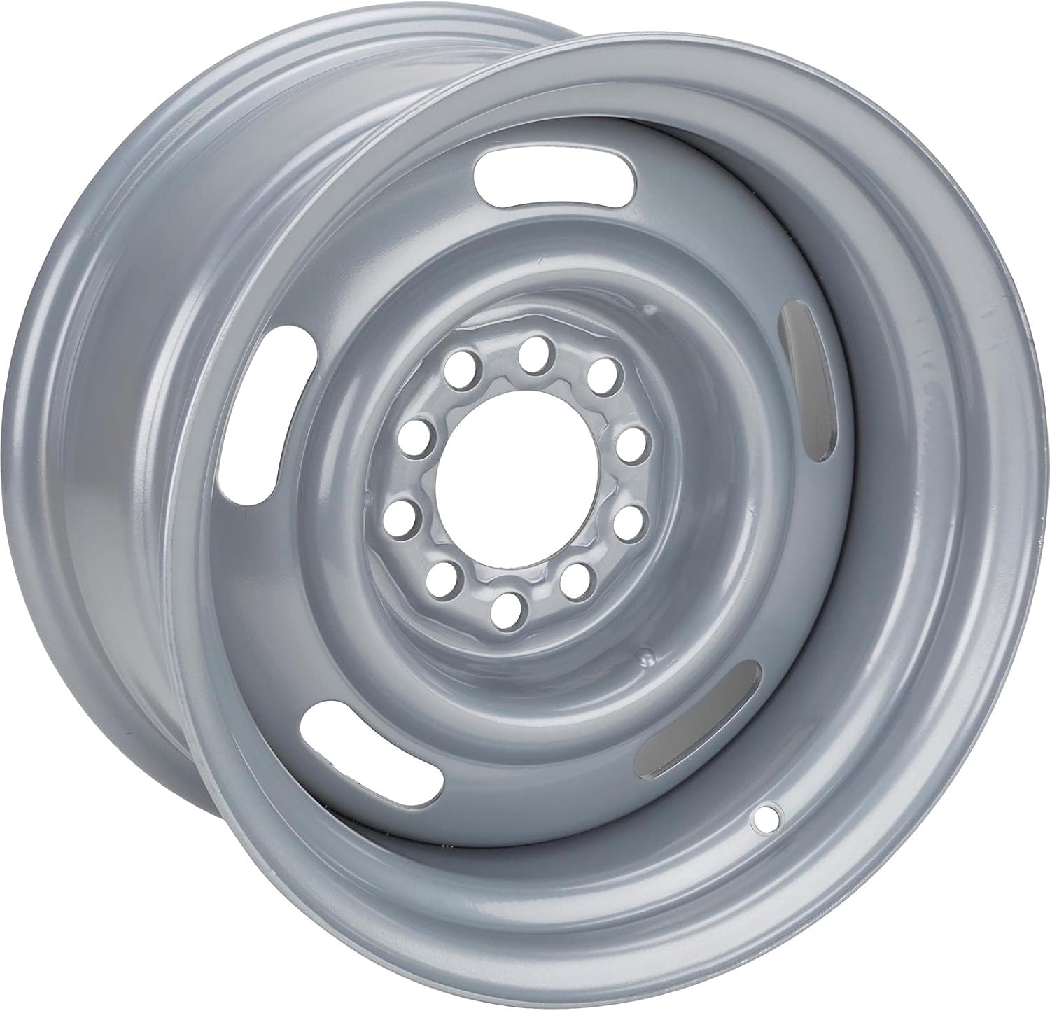 Speedway Motors GM Dual Pattern Silver 15” x 10” Rally Wheel, 5 x 4.5 Inch – 5 x 4.75 Inch Bolt Direct-Fit Bolt Pattern, Rear-Wheel Drive Vehicle Only