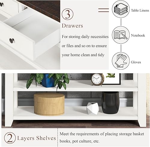Miniatura 5 de Mesa consola de madera maciza de 48 pulgadas con 3 dawers de almacenamiento y 2 estantes para almacenamiento, entrada, pasillo, vestíbulo, sofá mesa