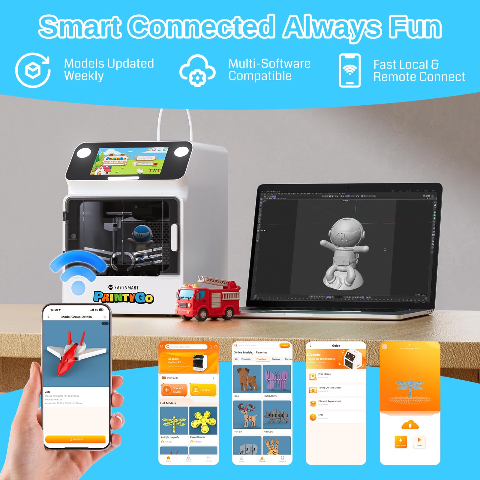Drukarka 3D PrintyGo Mini dla dzieci, drukarka z automatycznym poziomowaniem 600 mm/s dla początkujących, bezpieczna dla dzieci konstrukcja, sterowanie przez Wi-Fi/aplikację, prezent do nauki STEM