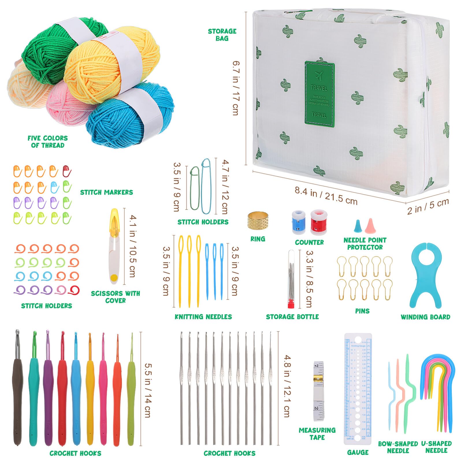 BELLIFFY Kit de Crochet para Principiantes con white de Plástico Hilo Ganchos Resistentes y Accesorios Completos con Bolsa Portátil para Manualidades