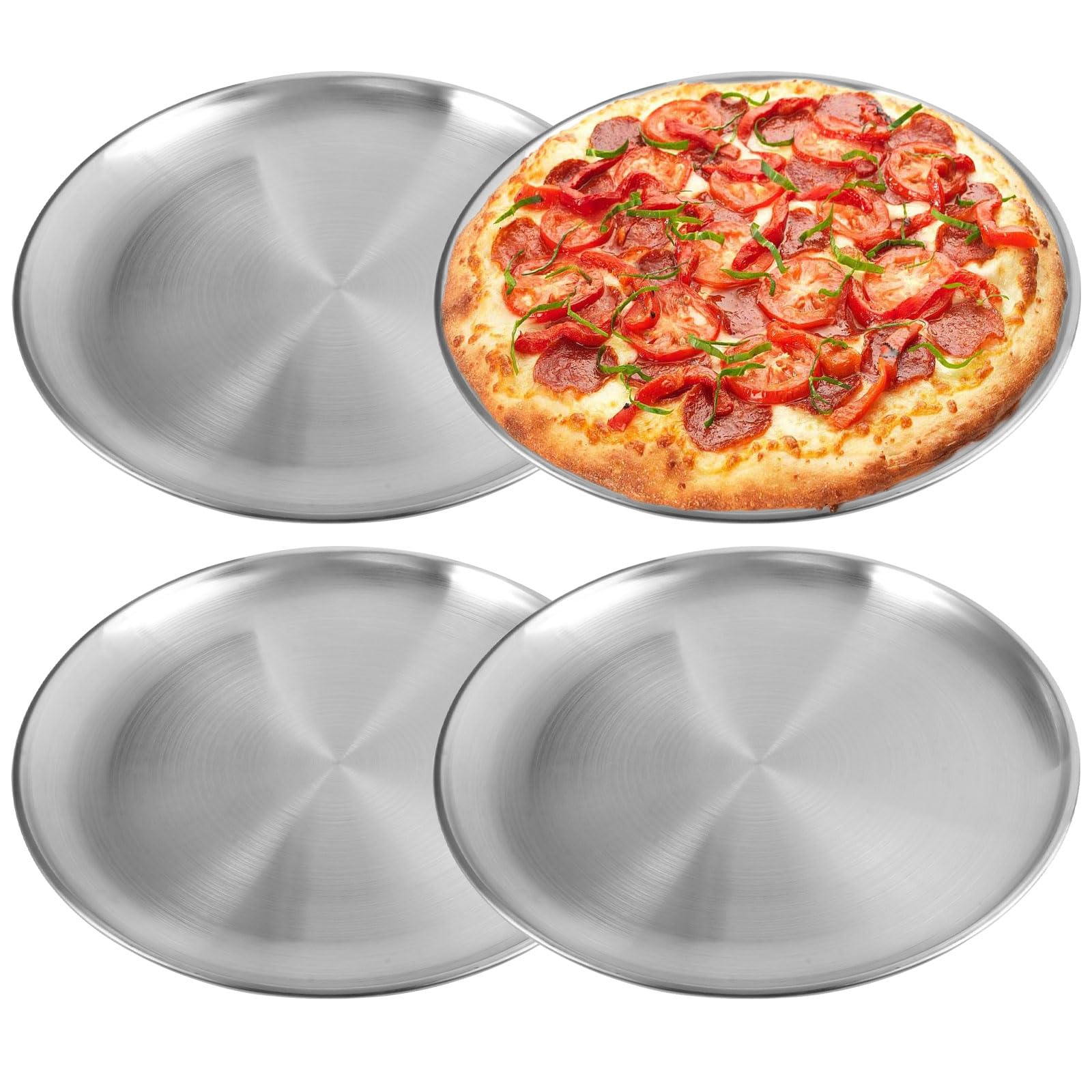 4 Pièces 30 cm Plaque Pizza Four, Plats Ronds en Acier Inoxydable, Résistant aux Températures élevées et Facile à Nettoyer pour Cuisson au Four, Friture, Collations, Desserts et Restauration