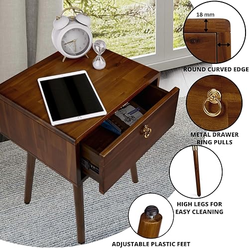 Miniatura 3 de Bme Caden - Mesita de noche de madera maciza, mesa auxiliar, totalmente montada, con 1 cajón para dormitorio y sala de estar de mediados de siglo,