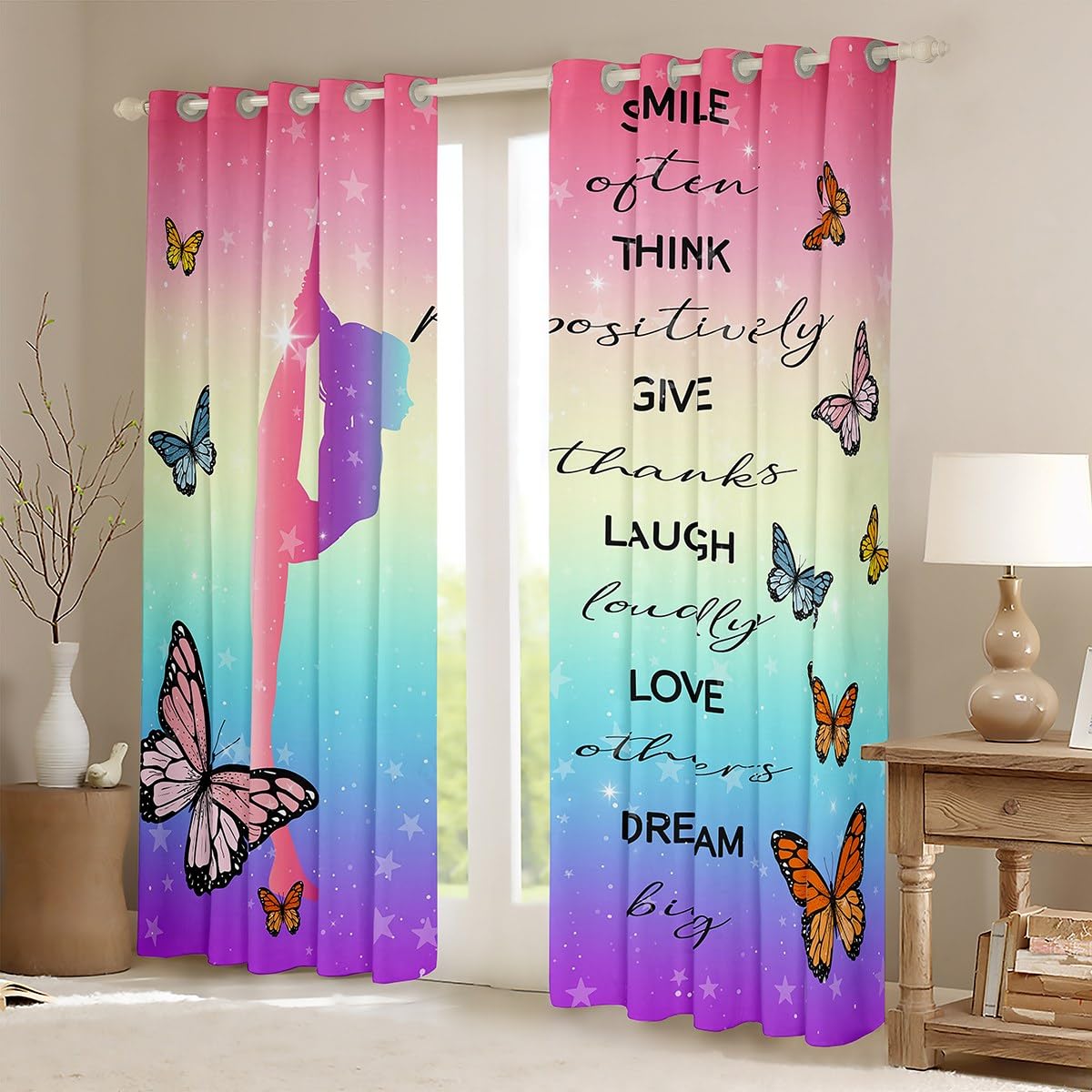 Erosebridal Girls Gymnastics Blackout Curtains for Kids Teens Chic Butterfly Curtains & Drapes, Rainbow Galaxy Curtains Pink Purple Gradient Black Out Curtains Gymnast Dancer Gifts Window Drapes