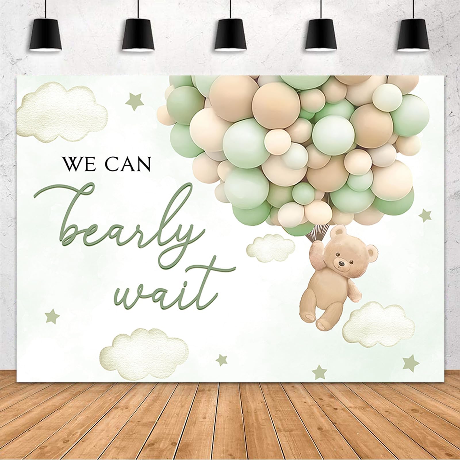 MEHOFOND 7x5ft Bear Baby Shower Backdrop We Can Bearly Wait Baby Shower Party Decorations for Boy Hot Airs Balloons Watercolors Clouds Stars