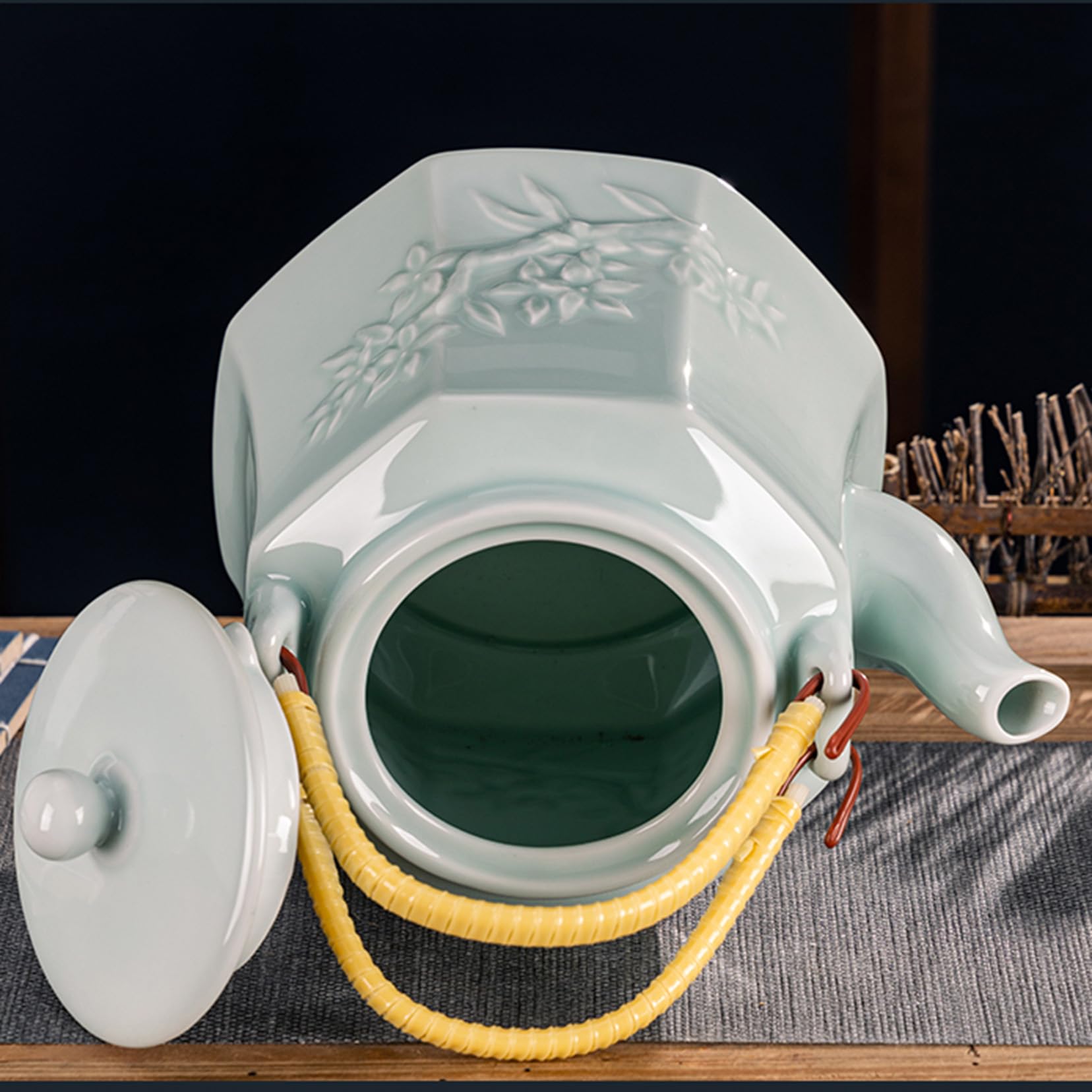 Chiński relief Celadon Kung Fu zestaw do parzenia herbaty, ceramiczny dzbanek do herbaty 2 l/3 l, do gotowania herbaty Kung Fu, gorącej wody, tradycyjny domek wiejski, Teapot, herbata, Mak, cyjan, 3 l