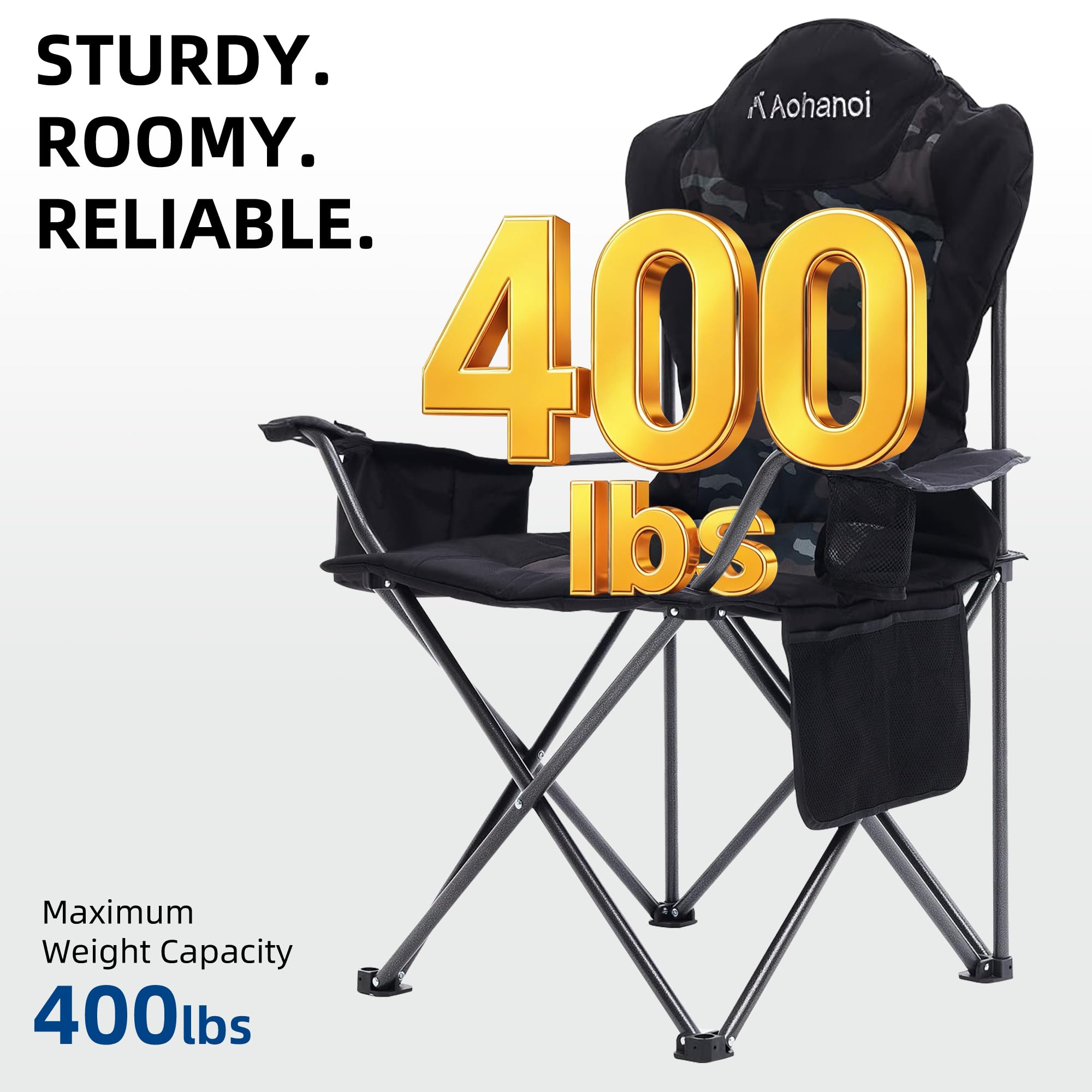 Aohanoi - Sillas de camping para personas pesadas, sillas plegables para exteriores con soporte para tazas y bolsa refrigeradora, sillas de campamento con soporte de hasta 300 libras (1 PC, camuflaje)