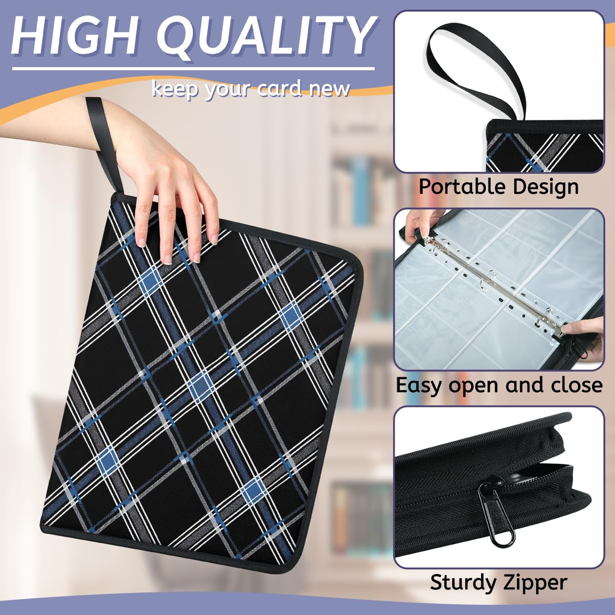 Raccoglitore per carte con 9 tasche, 900 tasche, con chiusura a cerniera (quadrati blu e neri)