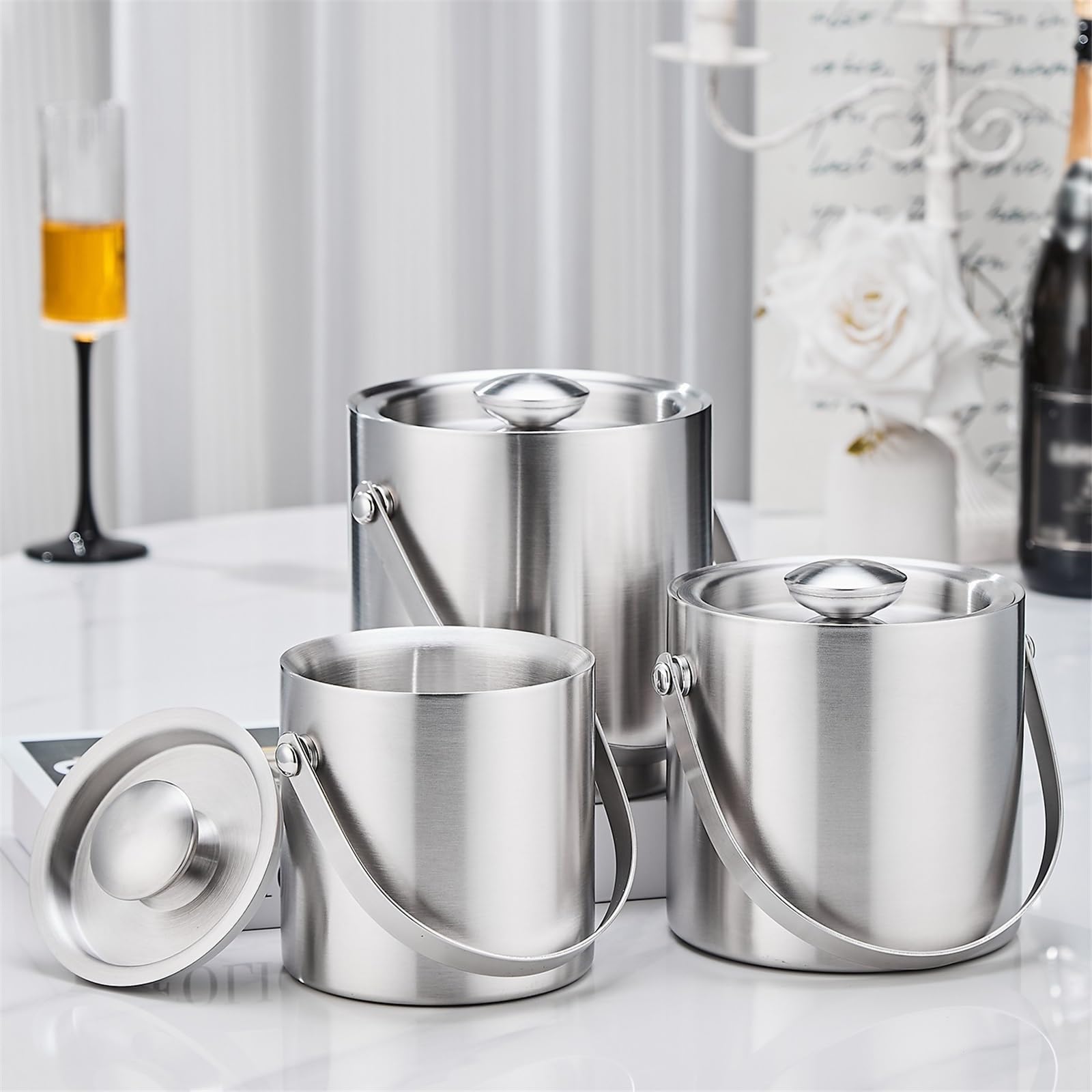 Cubo de Hielo Acero Inoxidable Doble Capa con Tapa, Accesorio for Bar, Fiestas, champán para Botellas de Vino o champán(Grande)