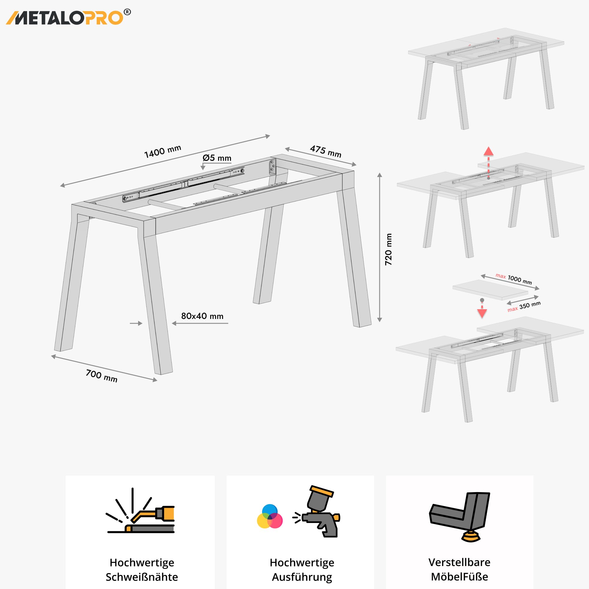 Estructura de Mesa Extensible, 140 x 70 x 72 cm, Estable y Resistente, Negro, Mesa de Comedor y Cocina, Patas de Mesa, Patines, Mesa de Salón