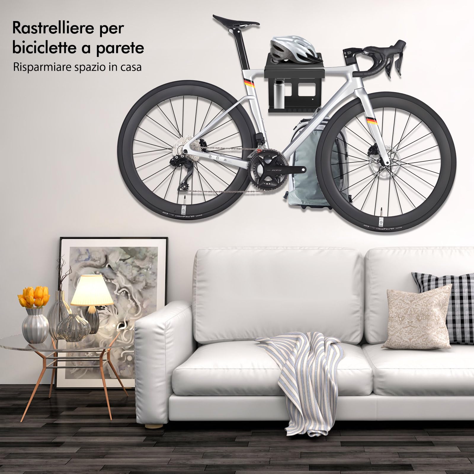 Mimoke Supporto da parete per bicicletta, per interni, per biciclette, con ganci, design compatto e robusto, imbottitura protettiva, spazio aggiuntivo, facile da installare (Nero)