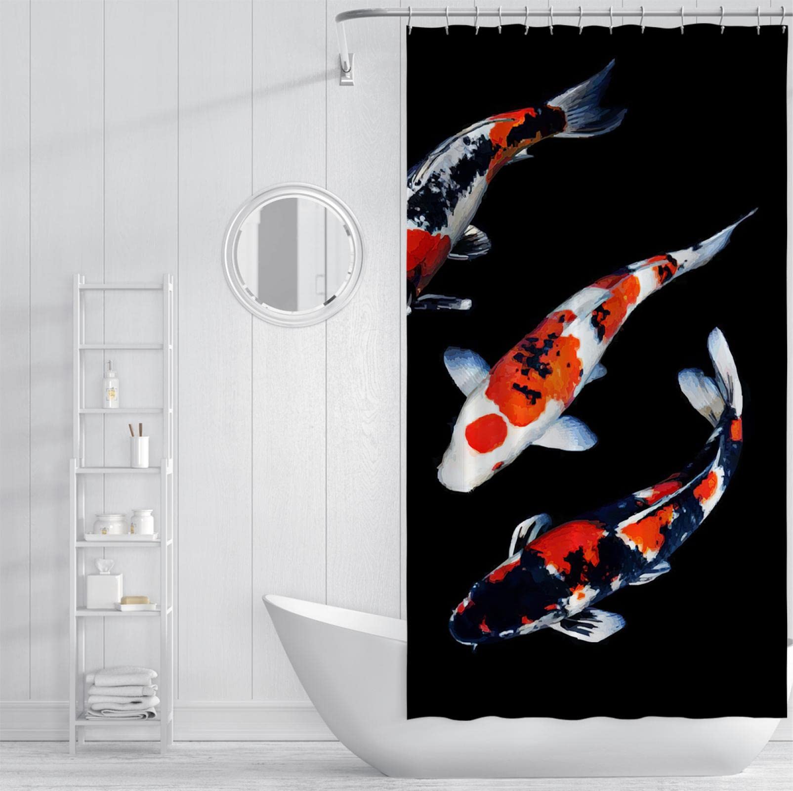 Cortina de Ducha con diseño de Animales, Carpas koi Tradicionales con Elementos orientales, Juego de decoración de baño de Tela, Ganchos, Fondo Negro, 240 W x 180 L cm, Cortina de Ducha