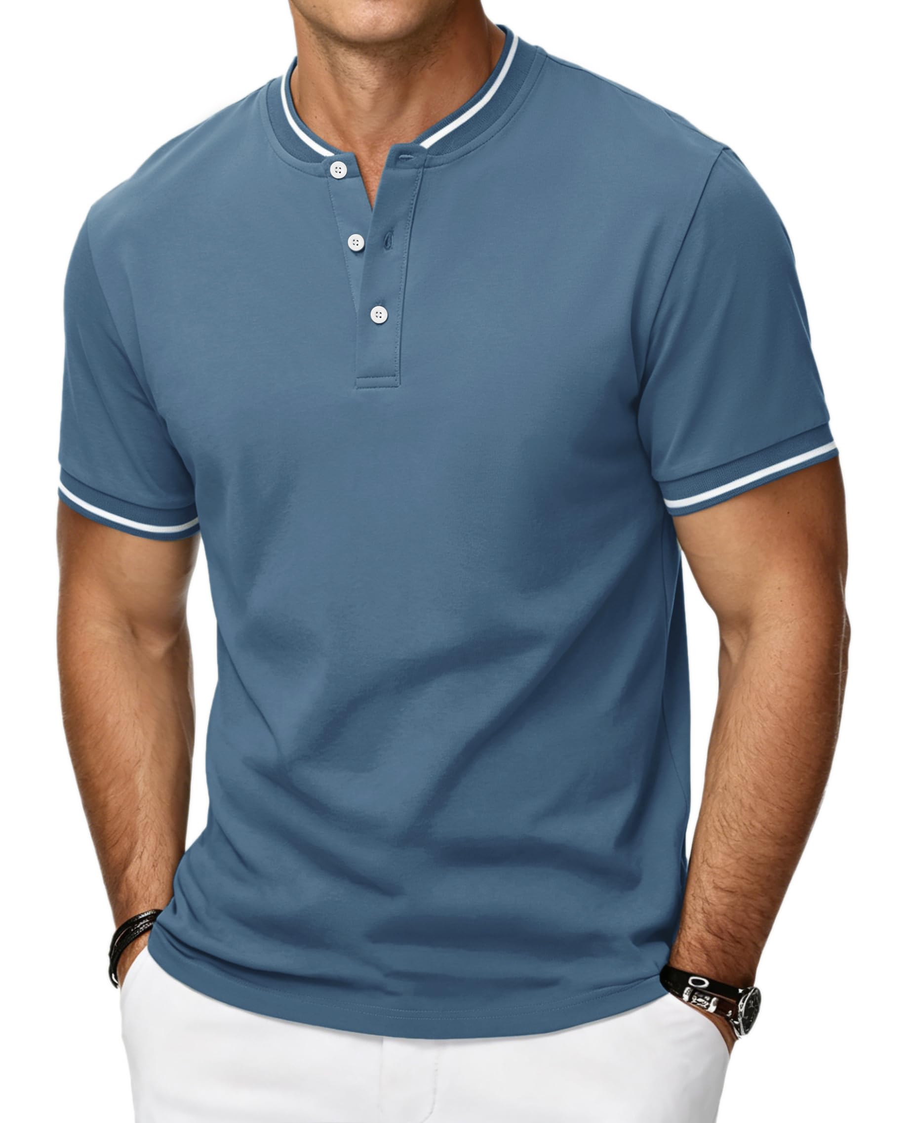 HMIYA Poloshirt Herren Kurzarm Atmungsaktiv Baumwolle Sommer Henley Knopfleiste Kontrastierender Einfassung Basic Golf T-Shirts