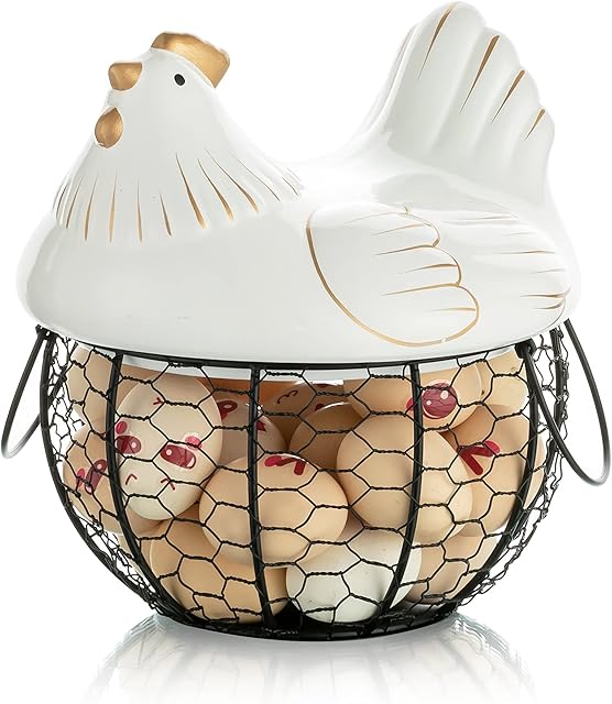 Egg Basket, Egg Boxes with Ceramic Lid and Handles Large Black Wire Egg Holder Cute Metal Mesh Container Can Used as Fruit Onion Storage Unique Decorative for Home Countertop Kitchen, White Chicken