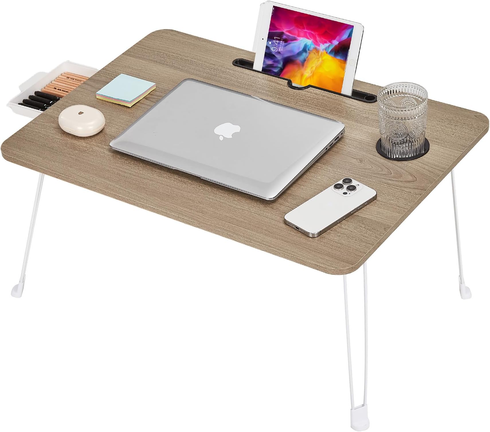 Vecello Low Table, Foldable, Bed Table, Width 27.6 x Depth 18.9 x Height 13.8 inches (70 x 48 x 35 cm), Drawer, Non-slip, Cup Slot, Recessed Slot, Multi-functional, Gap Storage, No Assembly Required