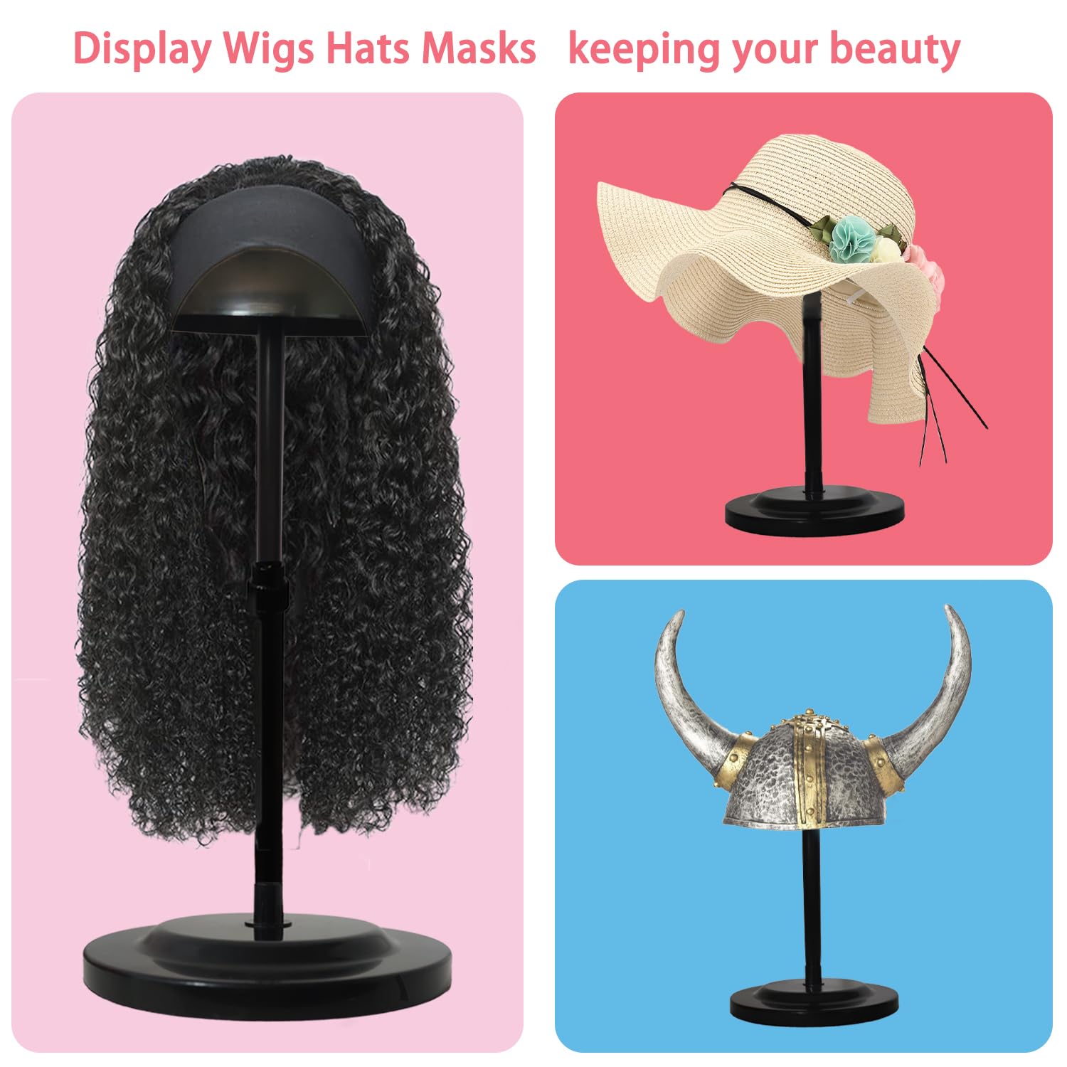 Perückenständer, 2 Stück, schwarz, höhenverstellbar, Kunststoff, tragbarer Perückenhalter, rutschfest, robust, für mehrere Perücken und Hüte, Styling-Trocknungsdisplay