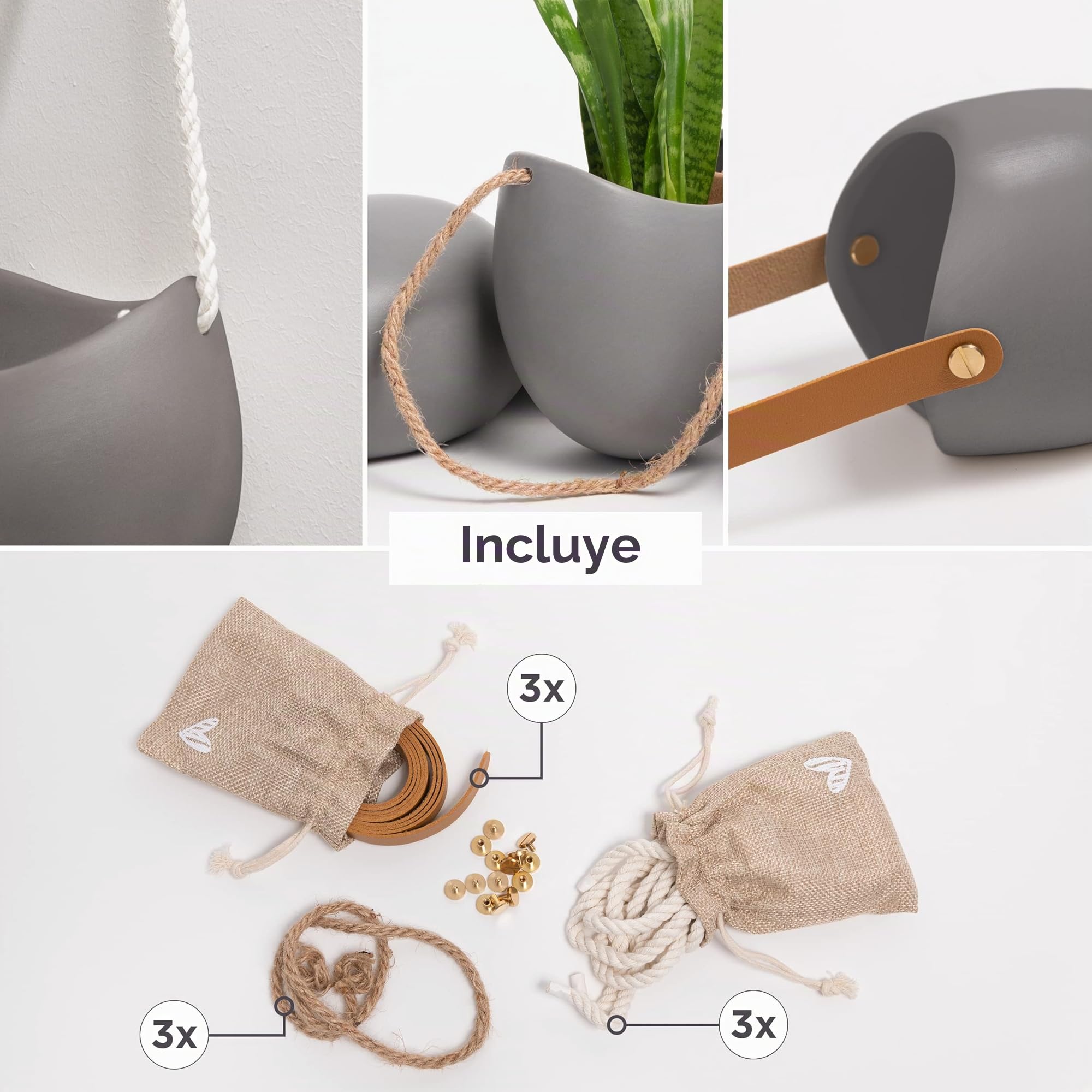 Kazai. Macetas de Pared -Ellie- | Macetas Colgantes De Cerámica | 3 Piezas | Decoración de Pared para Interiores, Balcones y Jardines | Gris (Mate)