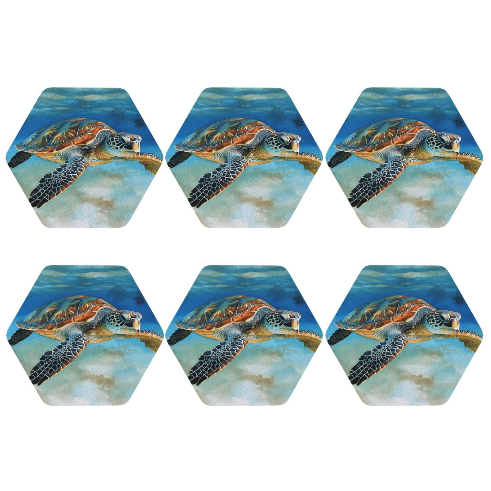 6pcs Leather Coasters for Drinks, Sea Turtle Drink Coasters for Tabletop Protection, 4" Cup Coasters for Coffee Table Decor, Non-Slip Drinking Cup Mat for Hot Or Cold Drink