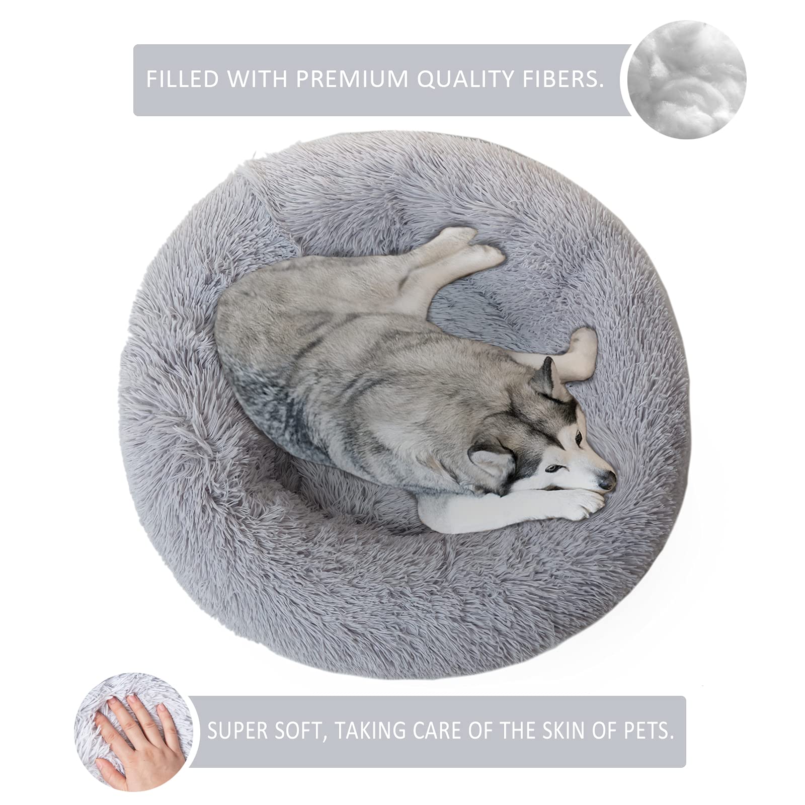 DanceWhale Large Dog Bed, Calming Donut Round Cat Bed for Medium Pet, Comfy Luxury Cuddler Anti Anxiety Plush Furry Cusion Mat(Grey 31.5