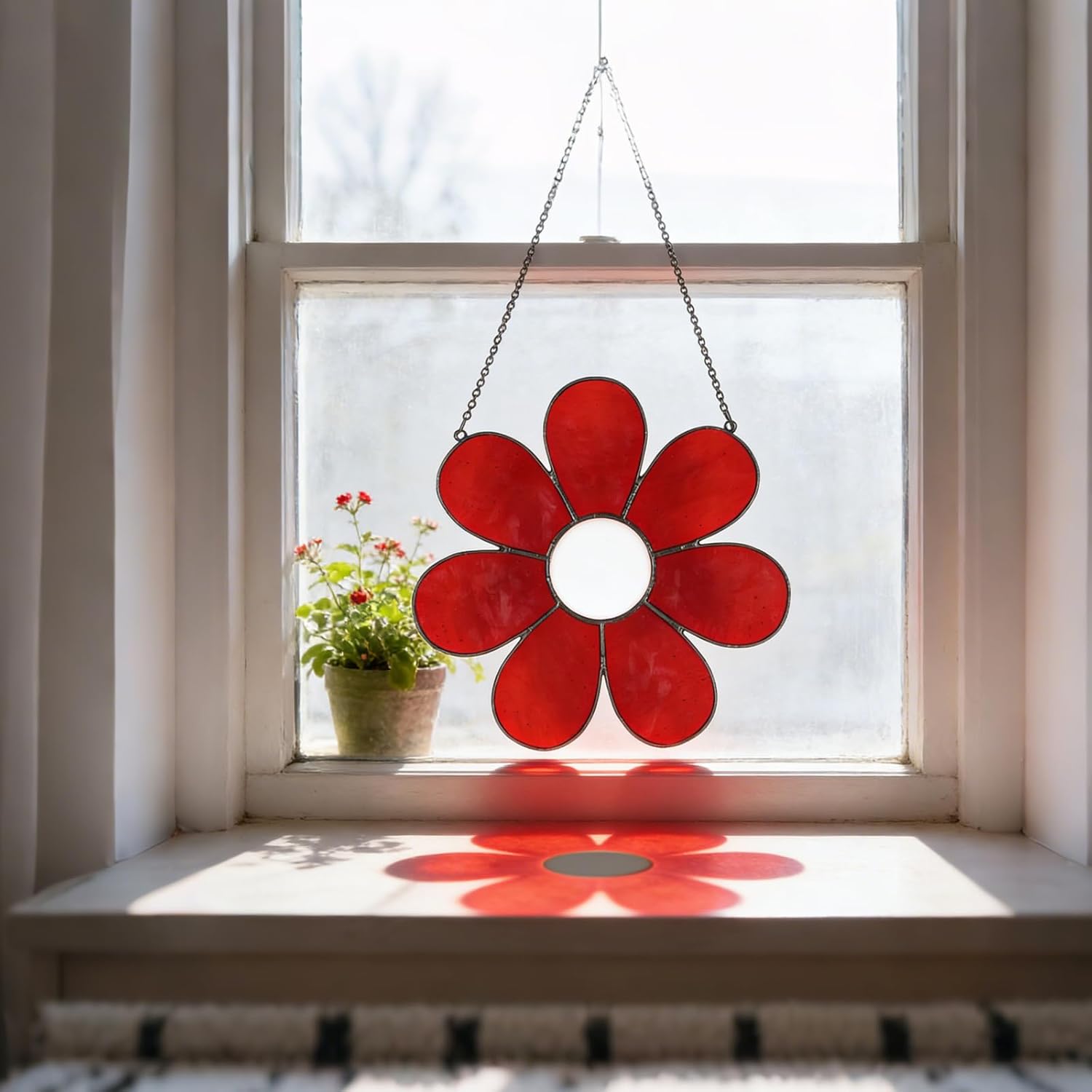 Unfinished Flower Pre Cut Stained Glass Kit Handcrafted Stained Glass DIY Craft with Solder Wire Window Hanging Decor Ornaments Sun Catchers for Home Birthday Party Decor(Red)