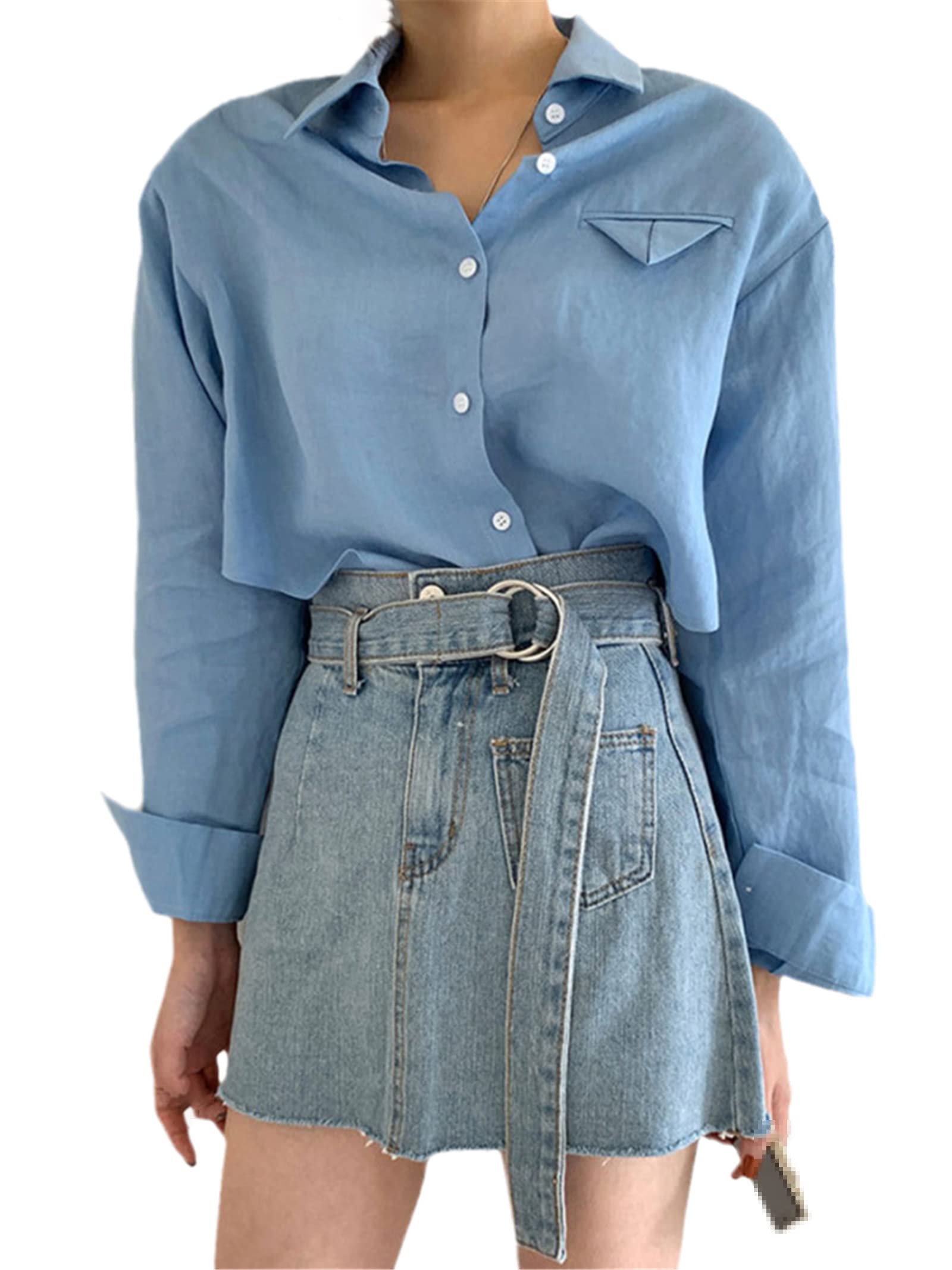 Primavera Estate Chic Cintura Mini Jeans Gonne per Le Donne Vita Alta Tasca Allentata Casual Femminile A-Line Denim Gonne, Blu, M