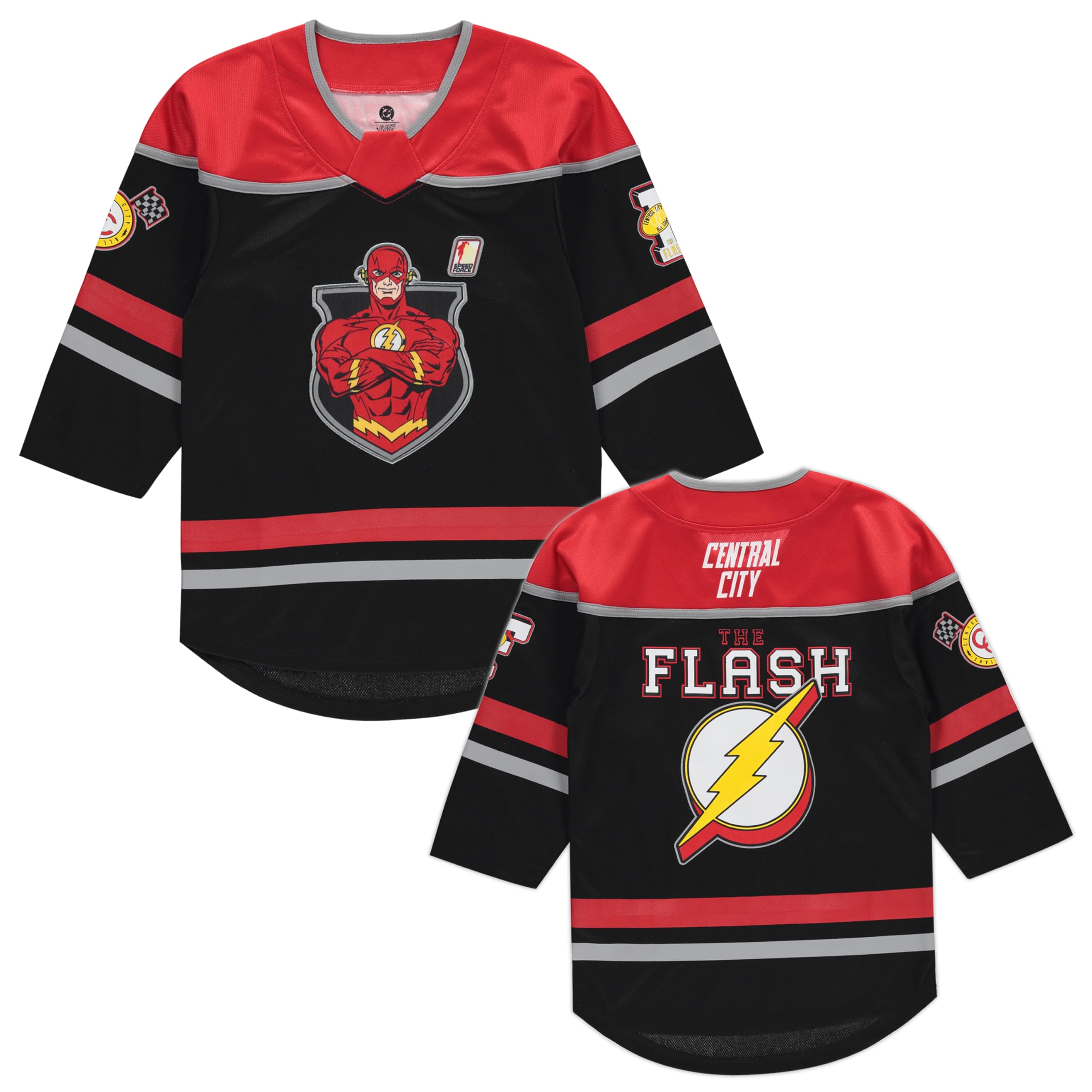 DC Comics The Flash Boys Long Sleeve Hockey Jersey - Black/Red, Black/red, 10-12