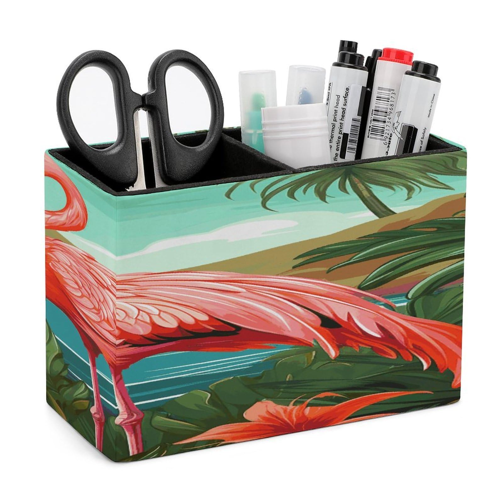 LDGSUPH Tropical Flamingo Leather Pen Holder for Desk Organizer Caddy Large Pencil Cup Multi-function Pencil Holder Makeup Brush Holders Pen Organizer for Home Office Storage Box