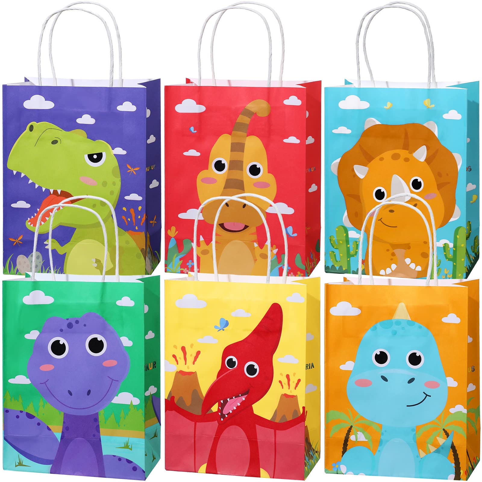 24 Pcs Dinosaur Party Favor Bags w/ Handle, Dinosaur Kraft Paper Gift Bags Kids Goodie Treat Bags Boys Girls Dinosaur Dino Theme Birthday Baby Shower Party Supplies Cookie Gift (Cartoon Style)