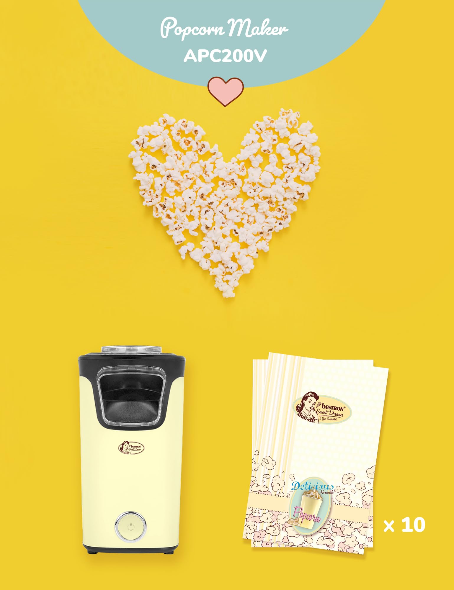 Bestron Palomitero, Turbo-Palomitas en menos de 2 minutos, con tecnología de aire caliente, incluye 10 bolsas de palomitas y taza medidora integrada, colección Sweet Dreams, Color: Amarillo