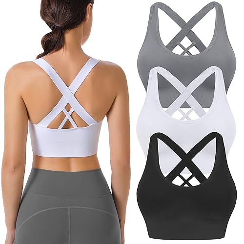 BLUELILY Sports Bras for Women High Impact Cross Back Strappy Bras Cropped Padded Seamless Workout Yoga Bras Set - XX-Large - Black White Gray 3 Pack (Wide Straps)