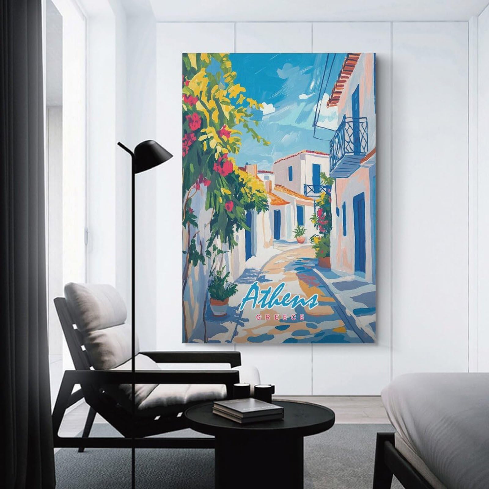 Junmoney Athens Greece Street Painting Canvas Wall Art, 12x18inch(30x45cm), for Wall Displays, Bedrooms Or Room Updates, Ideal for Building A Coordinated Art Wall