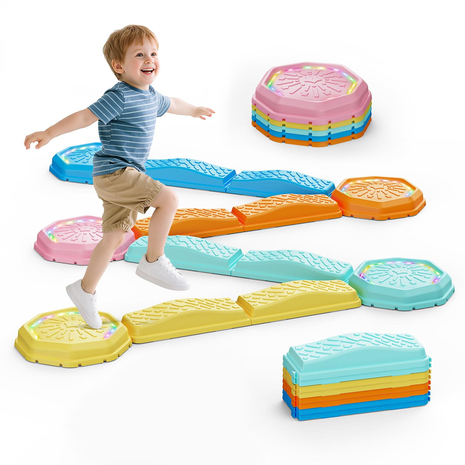 Holyton Balanciersteine für Kinder, LED Sprungsteine mit Musik & Licht, Reaktionsspiel mit 7 Tönen, Motorik & Koordination Training, Indoor Spielzeug mit 13 Teilen