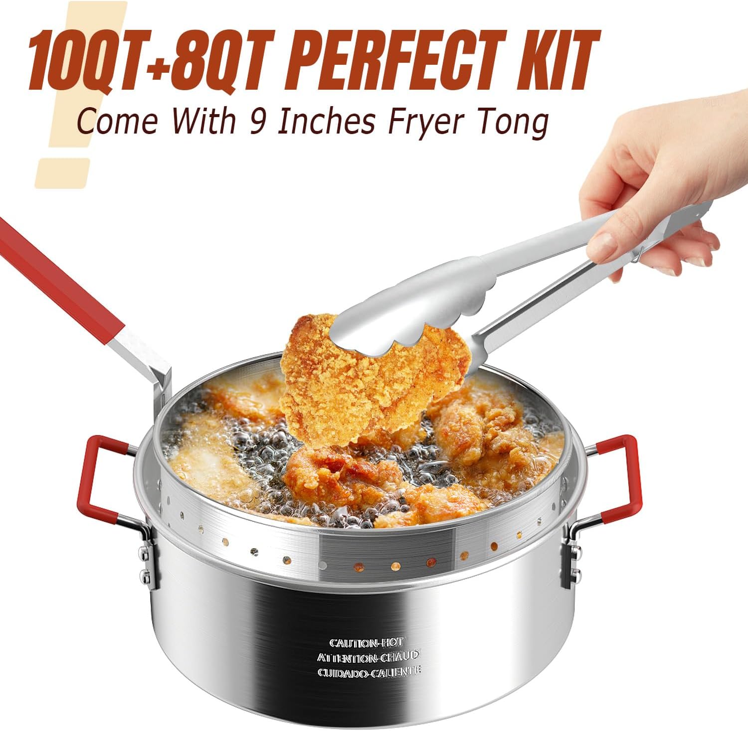 10QT Aluminum Fish Fryer Pot with Basket | Deep Fryer with Lid | Thermometer | Fryer Tongs & Easy Grip Handle for Cooking Seafood | French Fries | Chicken Wings